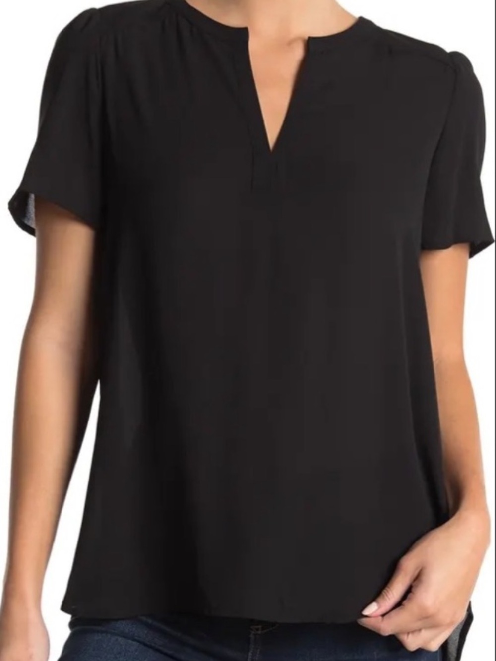 Pleione High/Low Notched Tunic Top Short Sleeve Split Neck